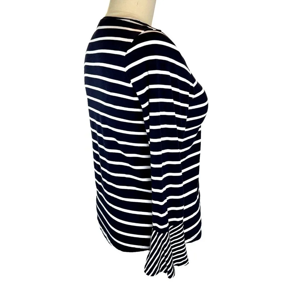 Chico's - Women's L Blouse Navy Blue White Striped Bell Cuffed Boat Neck